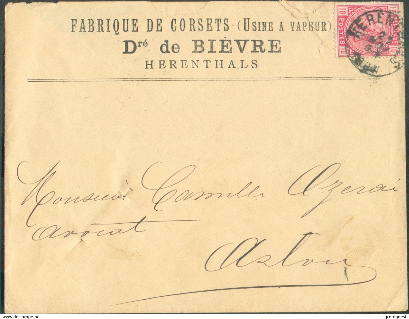 N°38 - 10 Centimes Rose Obl. Sc HERENTALS  Sur Lettre Du 25 Novmebre 1881 Ver Arlon (exp. Fabrique De Corsets Dr De BIEV - 1883 Leopold II