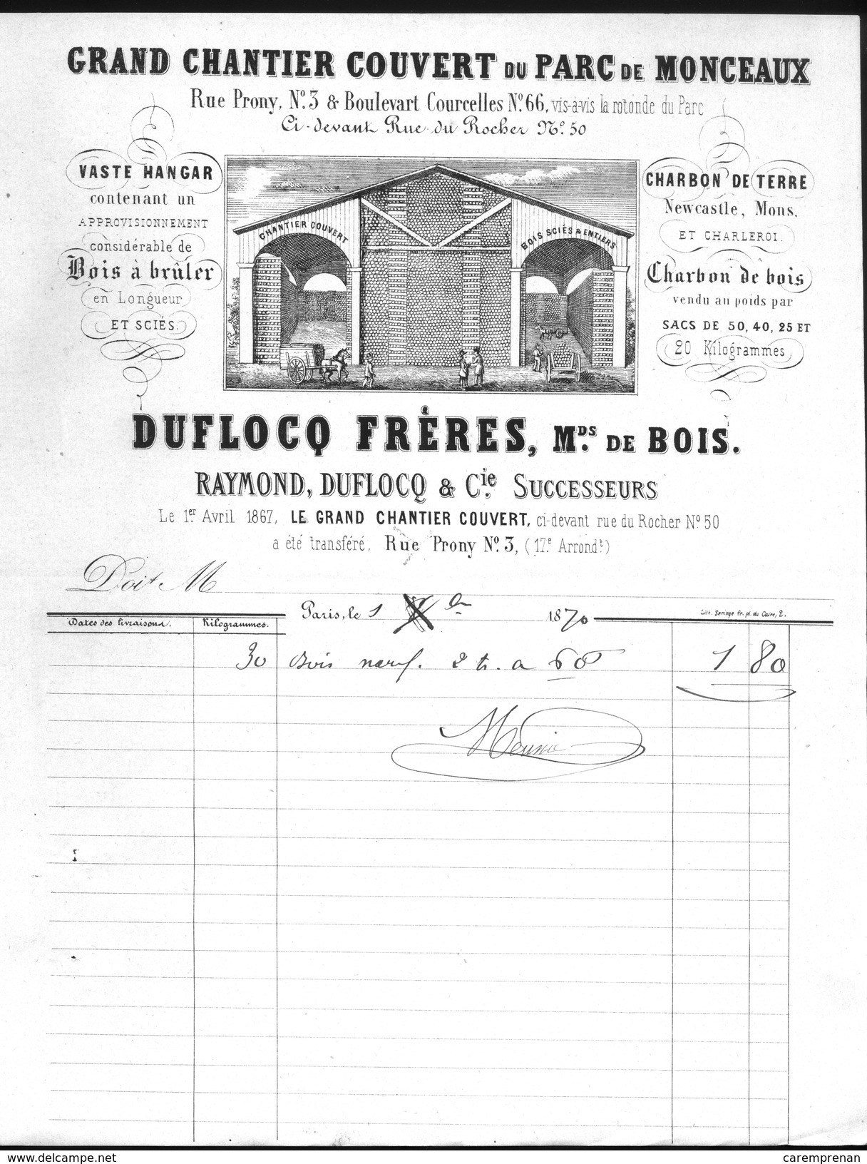 Facture Ancienne Illustrée. Duflocq, Chantier De Bois Et Charbon, Paris (17e ) 1870 - 1800 – 1899