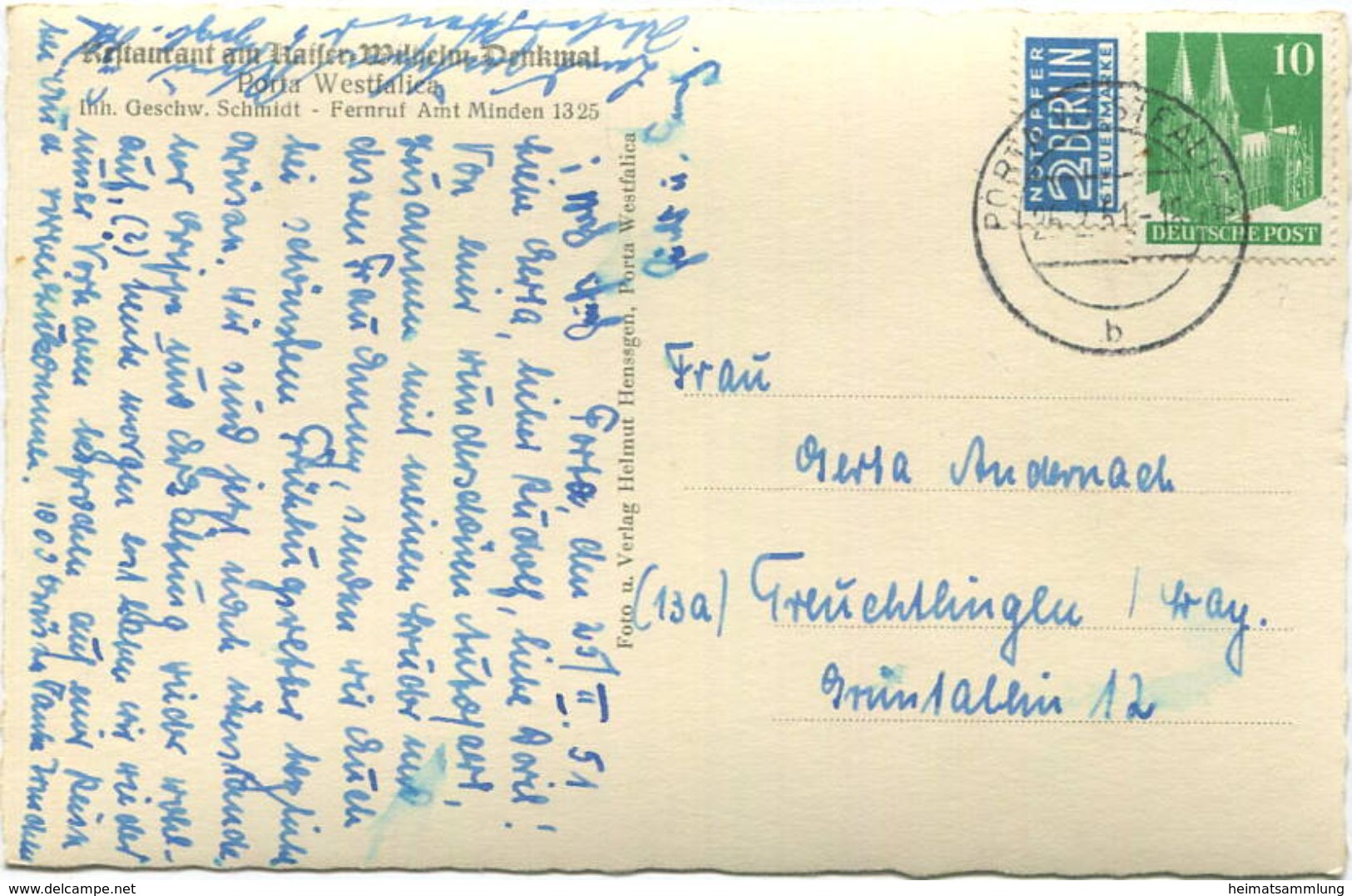 Porta Westfalica - Fliegeraufnahme - Verlag Helmut Henssgen Porta Westfalica Gel. 1951 - Porta Westfalica