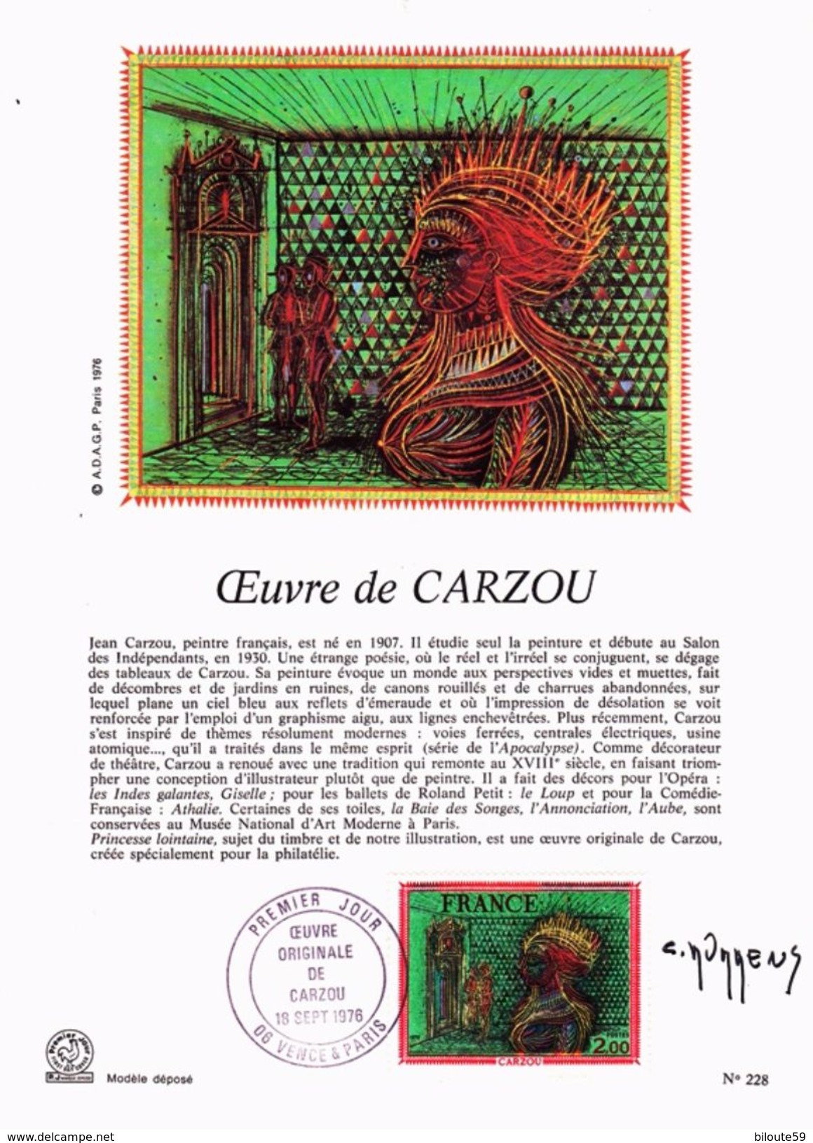 Oeuvre De CARZOU - Document Premier Jour Signé Claude DURRENS Du 18 Septembre 1976 - Vence Et Paris (26) - 1970-1979