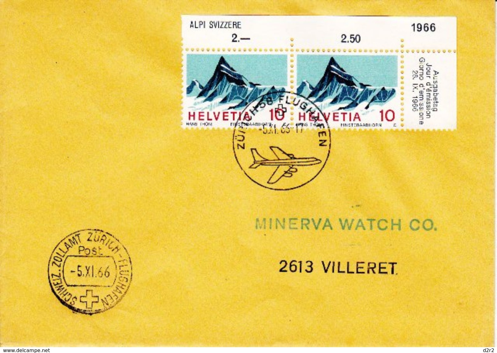 CACHET "SCHWEIZ.ZOLLAMT ZURICH-FLUGHAFEN - 1966 - SUR LETTRE CACHET ZURICH FLUGHAFEN - LOGO MINERVA WATCH CO - Postmark Collection