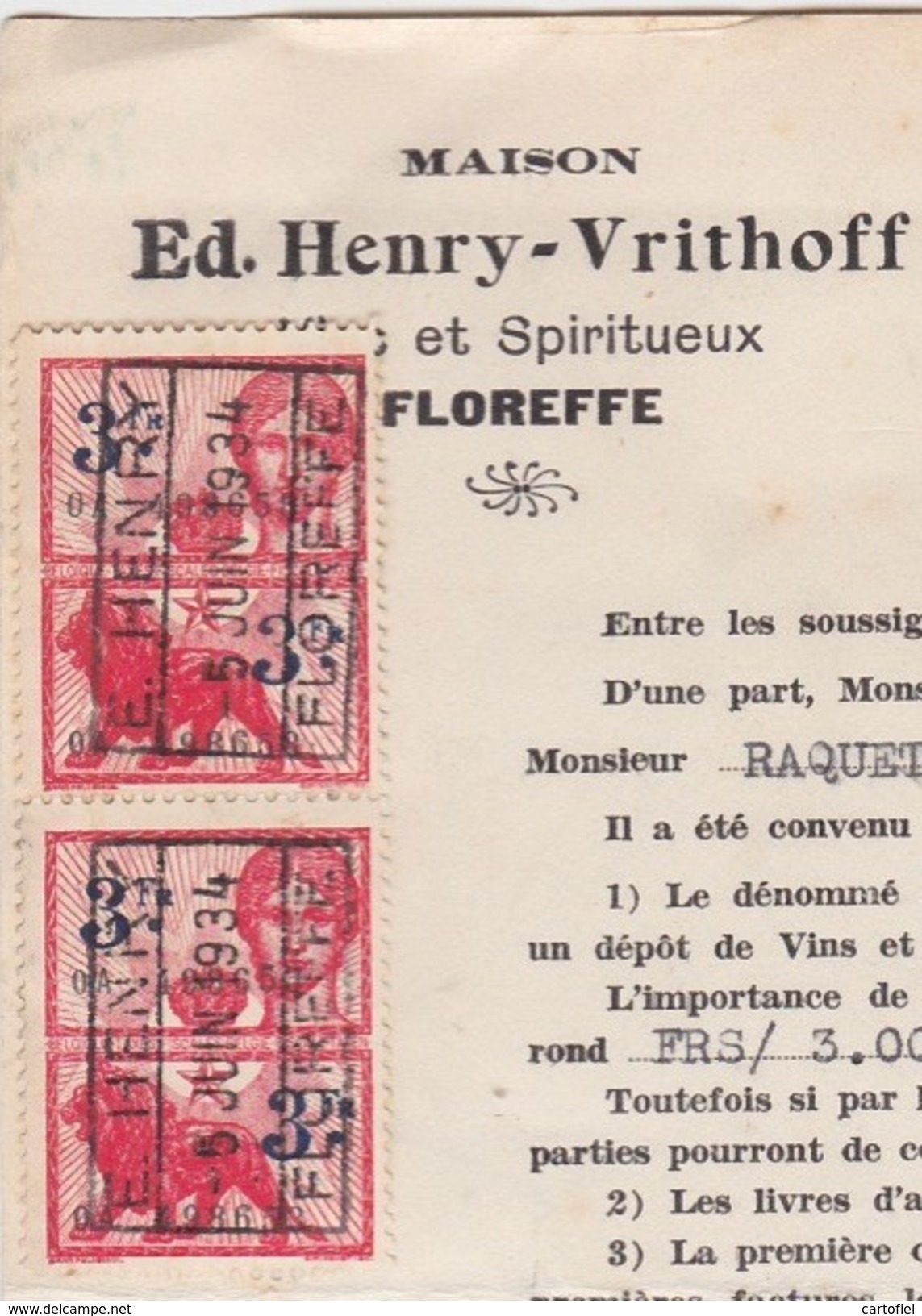 FLOREFFE-CINEY-CONTRAT DE DEPOT-MAISON-ED.HENRY-VRITHOFF-VINS ET SPIRITUEUX+LEON RAQUET-DATE-1934-BON ETAT - Documents Historiques