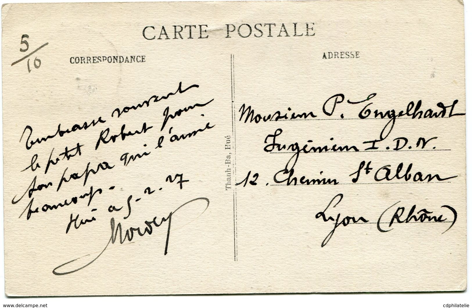 INDOCHINE CARTE POSTALE DEPART HUE 5-2-27 ANNAM POUR LA FRANCE - Lettres & Documents