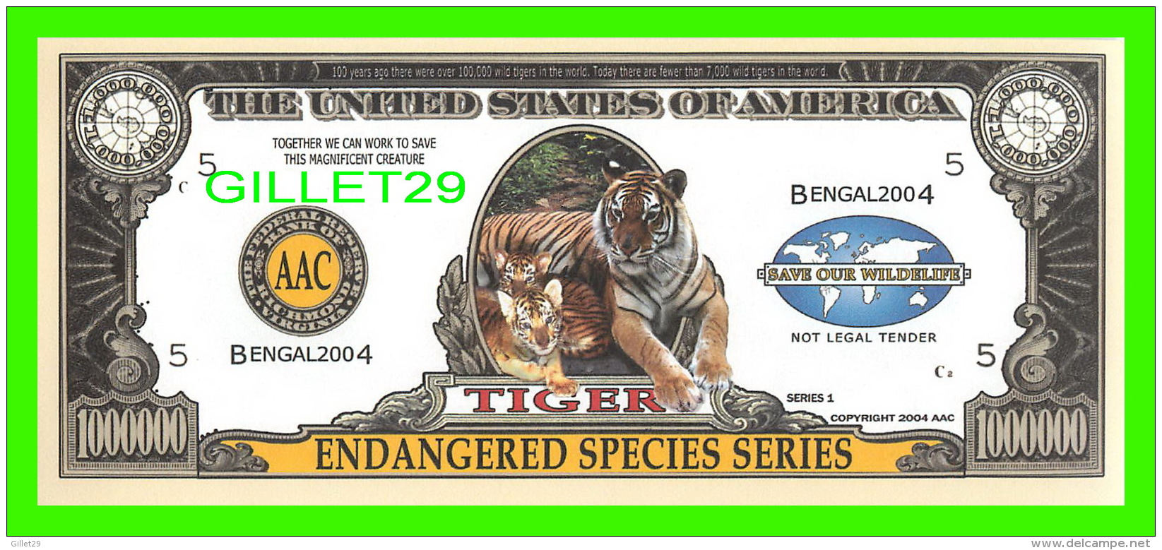 BILLETS- ONE MILLION  DOLLARS, THE UNITED STATES OF AMERICA - TIGER, ENDANGERED SPECIES SERIES - BENGAL 2004 - - Autres & Non Classés