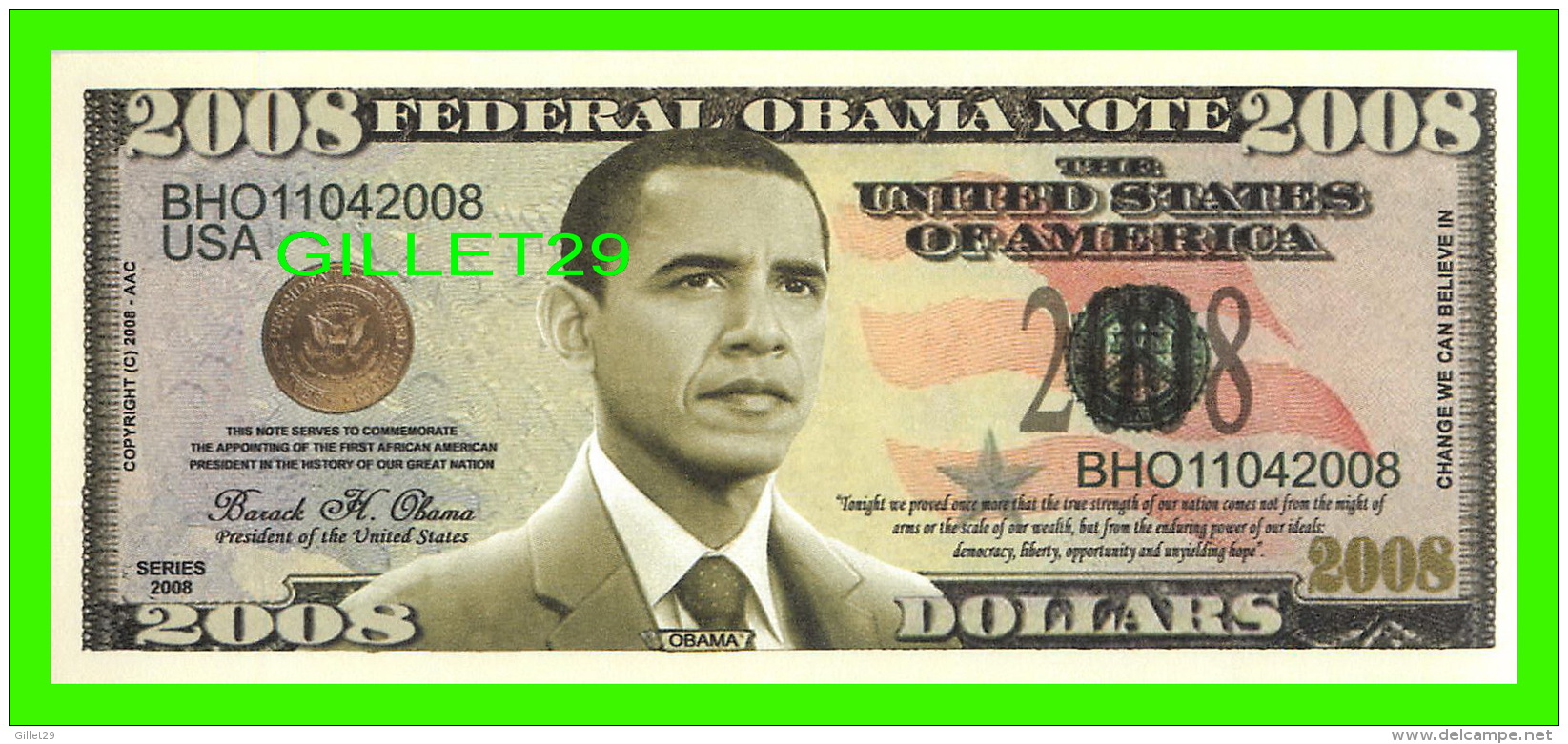 BILLETS - 2008  DOLLARS, THE UNITED STATES OF AMERICA - FEDERAL OBAMA NOTE 2008 - - Otros & Sin Clasificación