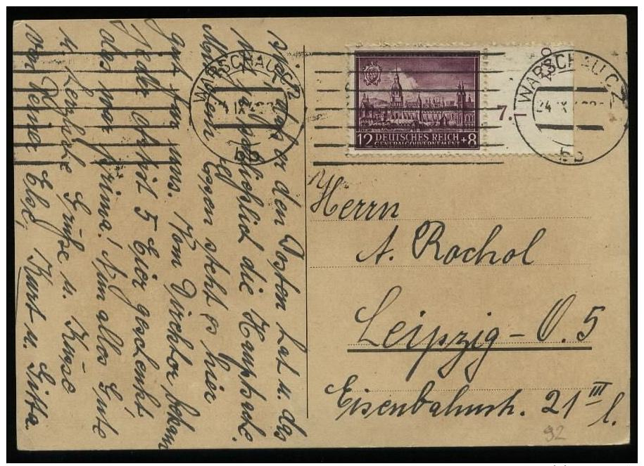 WW II GG Generalgouvernement Polen EF Auf Postkarte: Gebraucht Warschau - Leipzig 1942 , Bedarfserhaltung. - Briefe U. Dokumente