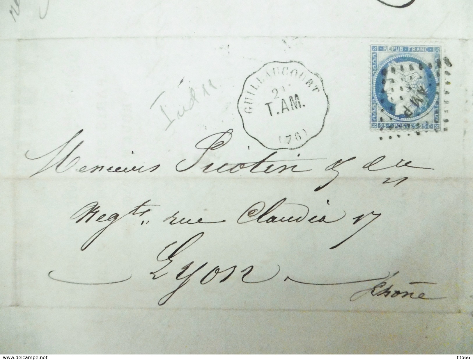 Lettre Avec Cérès N° 60C TAD Convoyeur Station Guillaucourt ( 76) Vers Lyon Indice 11 - 1849-1876: Période Classique