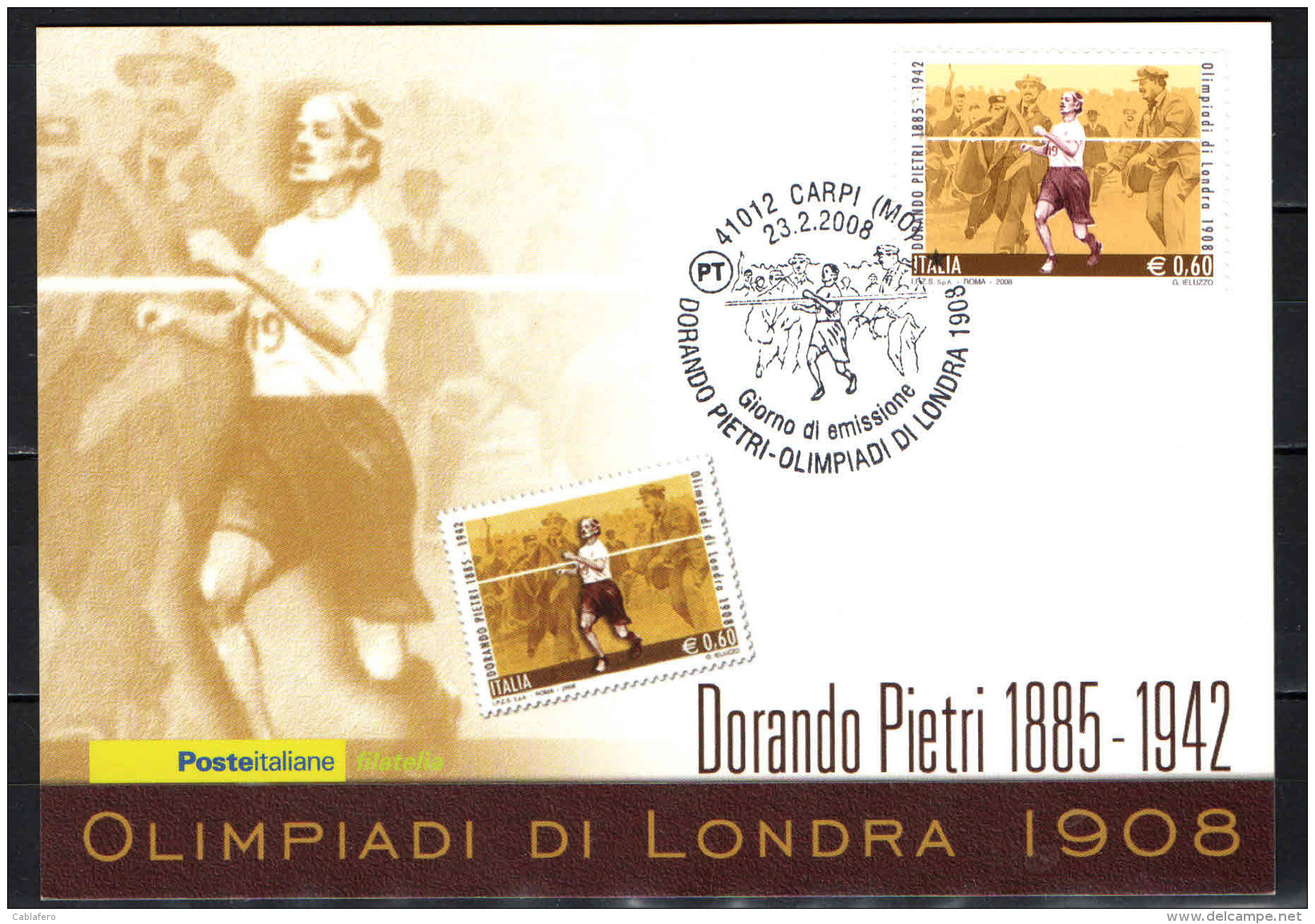 ITALIA - 2008 - DORANDO PIETRI (1885-1942) MARATONETA - ALLE OLIMPIADI DI LONDRA DEL 1908 - Cartoline Maximum