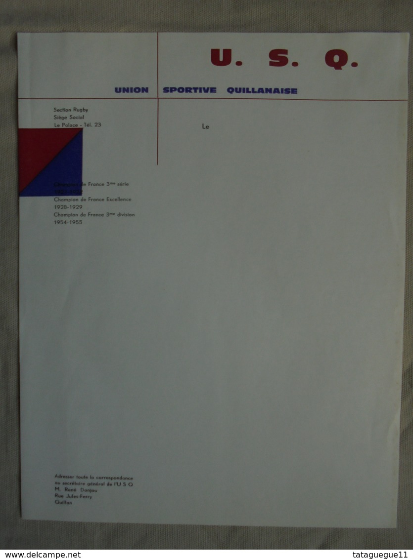 Ancien - Feuille Papier à Lettre à Entête U.S.Q. Union Sportive Quillanaise Aude - Rugby