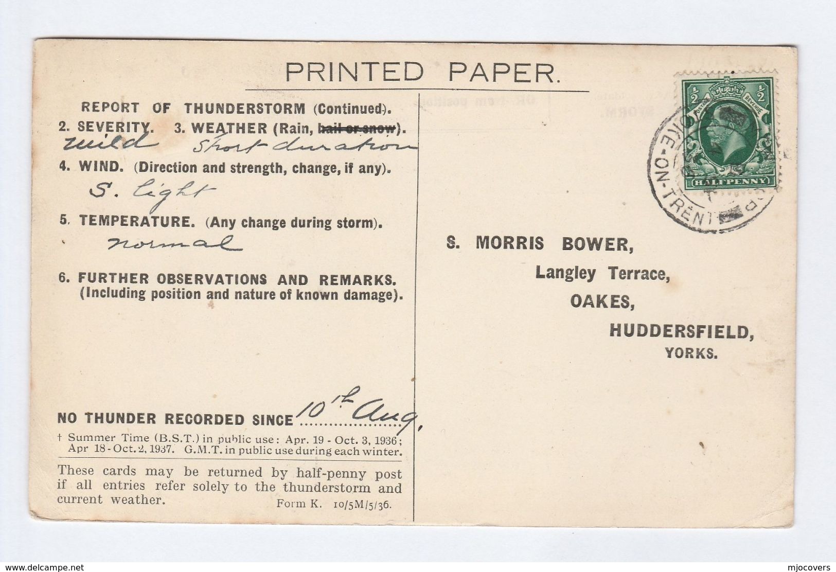 1936 STOKE ON TRENT COVER Postcard METEOROLOGY Report WEATHER STATION Re THUNDERSTORM Gb Gv Stamps - Covers & Documents