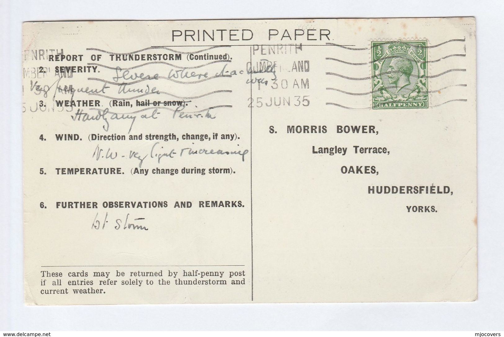 1935 PENRITH  COVER Postcard METEOROLOGY Report WEATHER STATION Re THUNDERSTORM Gb Gv Stamps - Covers & Documents