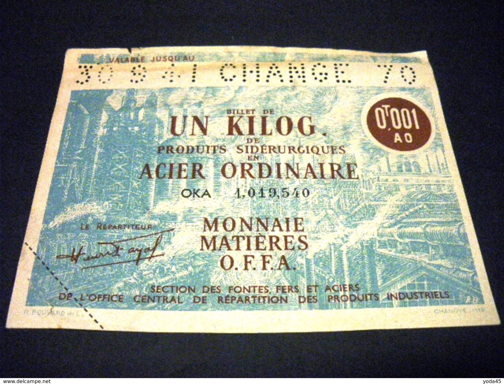 FRANCE ,BILLET NECESSITE 1 Kilo Acier Ordinaire 30/09/1941 , FRANCE MONNAIE MATIERES O.F.F.A, Union D'électricité - Notgeld