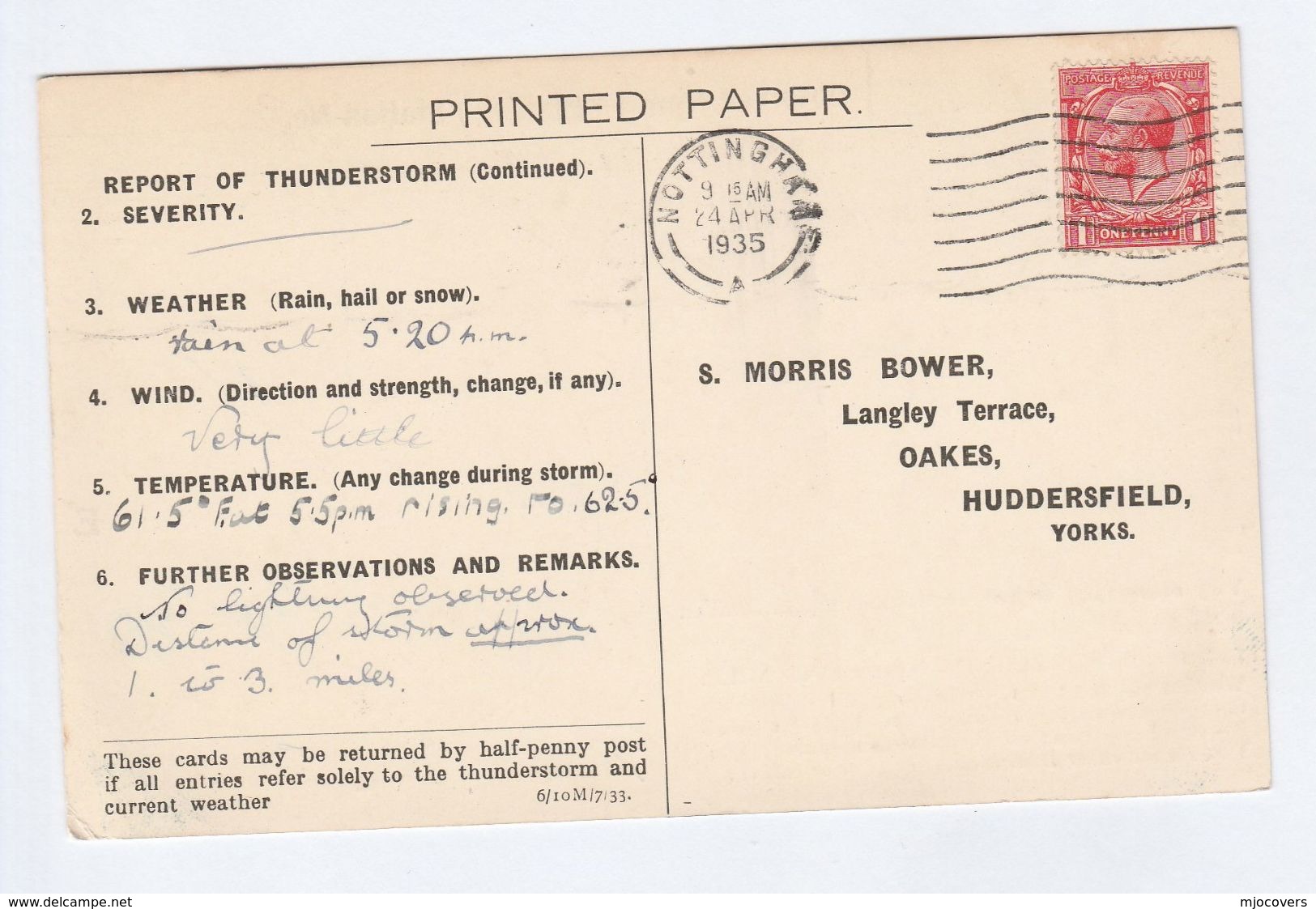 1935 NOTTINGHAM GB GV Stamps COVER Postcard METEOROLOGY Report WEATHER STATION Re THUNDERSTORM - Covers & Documents