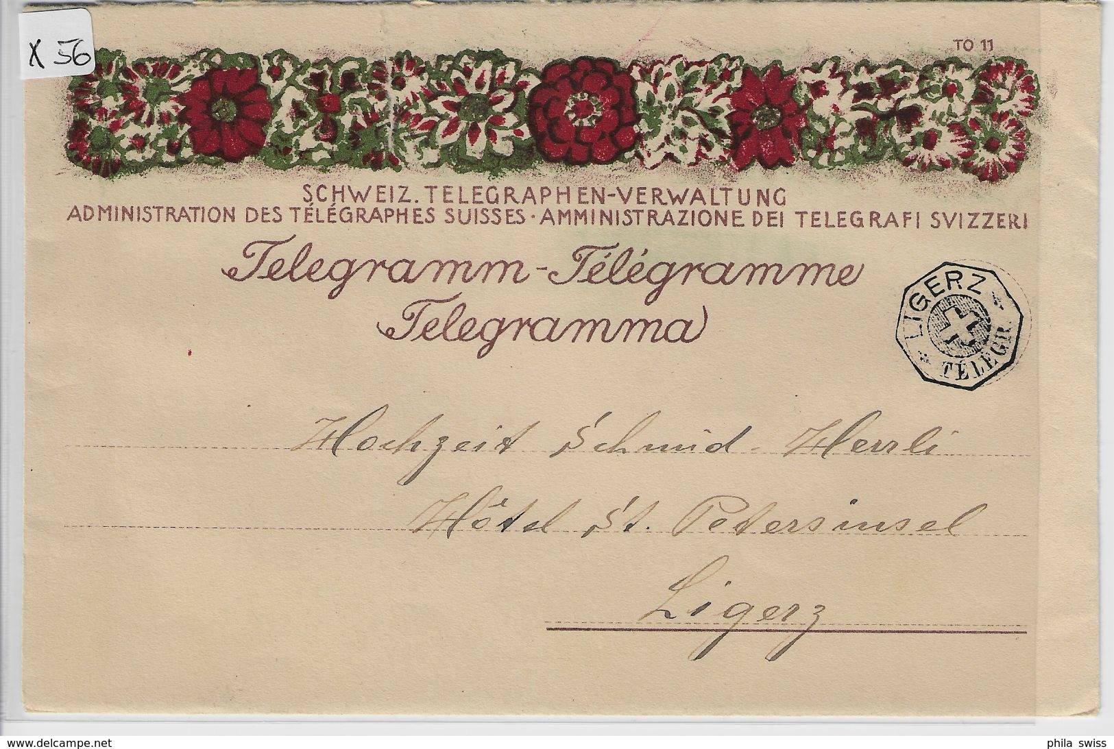 1928 Hochzeits Telegramm Telegramme Telegramma Ligerz - Blumen Von M.C. Forestier - Télégraphe