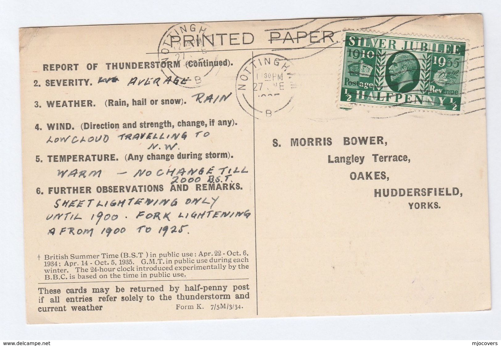 1935 NOTTINGHAM COVER Postcard METEOROLOGY Report WEATHER STATION Re THUNDERSTORM Gb Gv Stamps - Covers & Documents