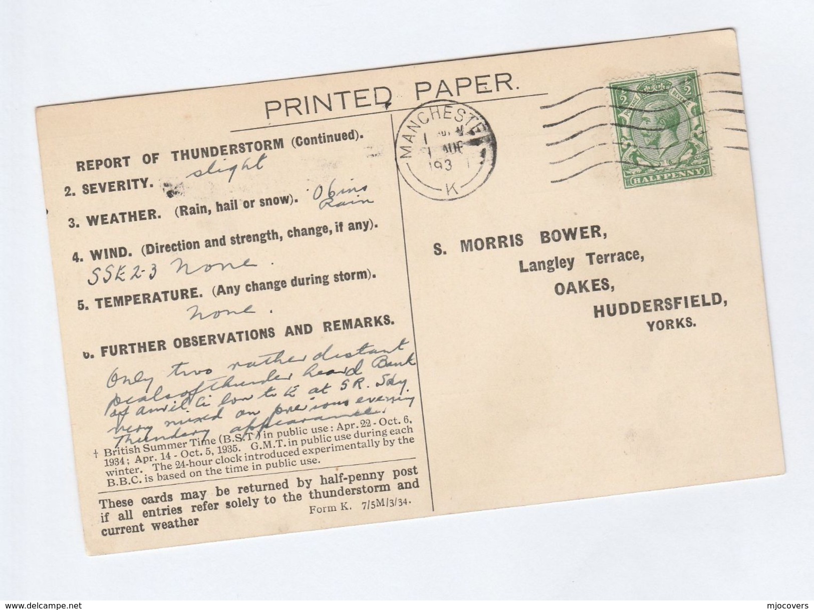 1934 MANCHESTER COVER Postcard METEOROLOGY Report WEATHER STATION Re THUNDERSTORM Gb Gv Stamps - Climat & Météorologie