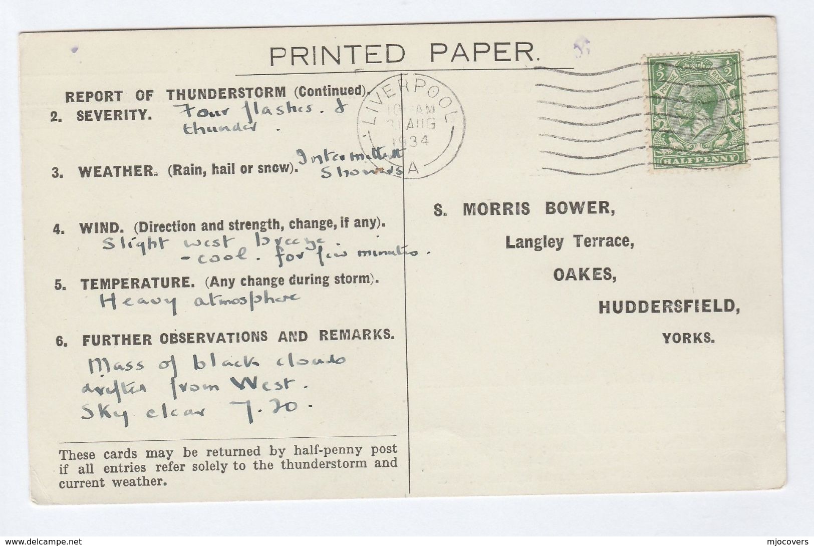 1934 LIVERPOOL COVER Postcard METEOROLOGY Report WEATHER STATION Re THUNDERSTORM Gb Gv Stamps - Covers & Documents