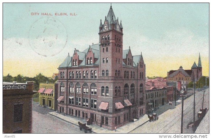 Elgin Illinois, City Hall Building Architecture, C1900s Vintage Postcard - Elgin