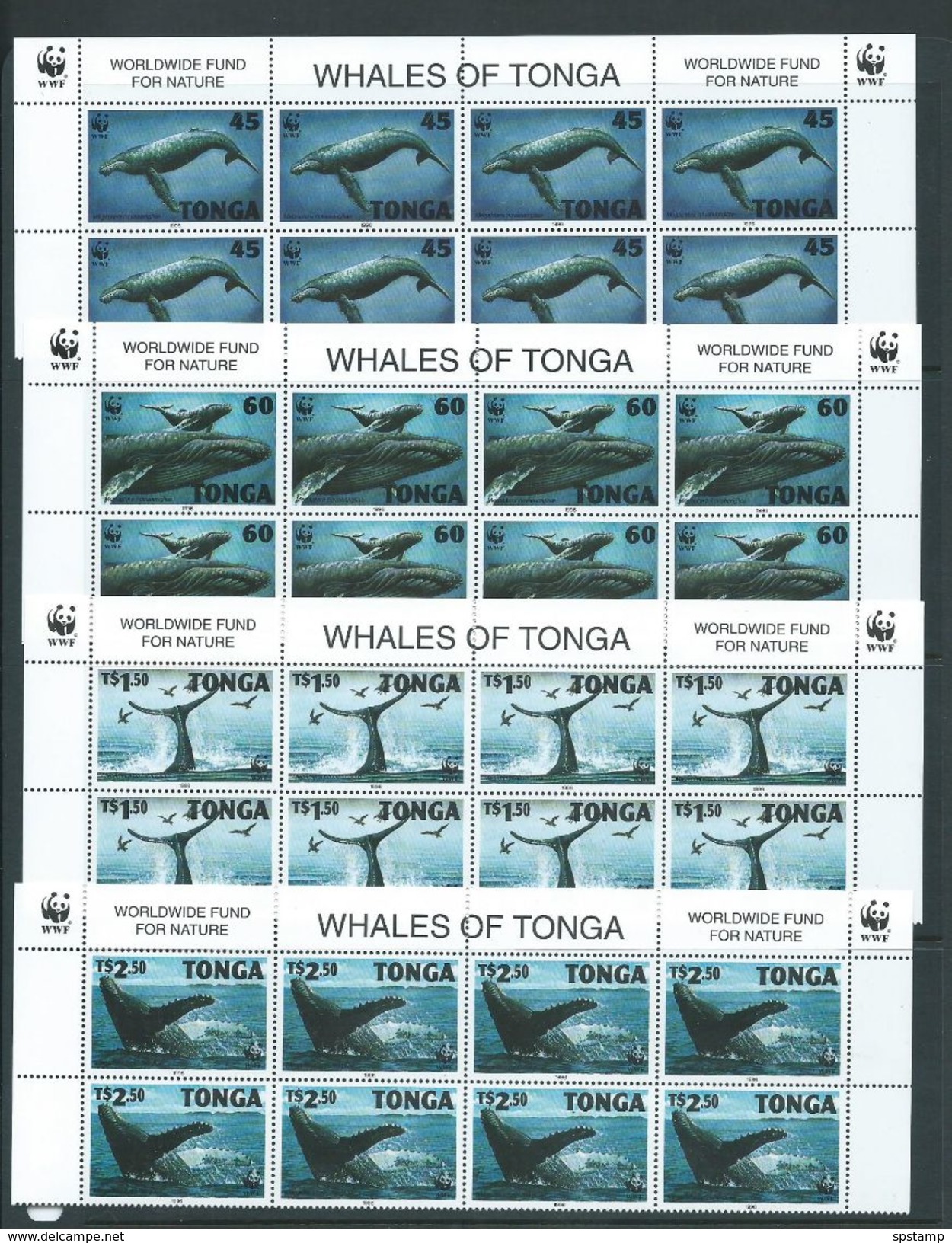 Tonga 1996 WWF Humpback Whale Set 4 In Marginal Blocks Of 8 With Labels From Top Of Sheet MNH - Tonga (1970-...)