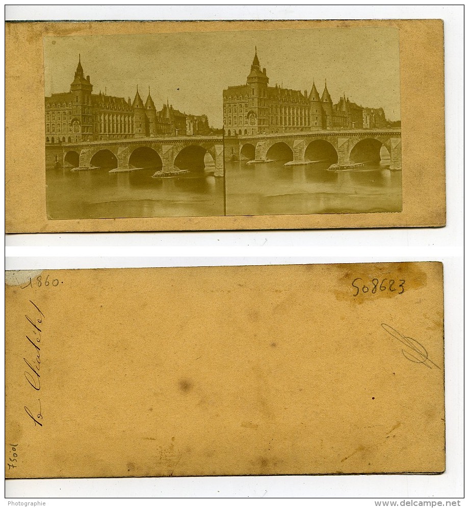 France Paris Le Chatelet Et La Seine Ancienne Stereo Photo 1860 - Stereoscopic