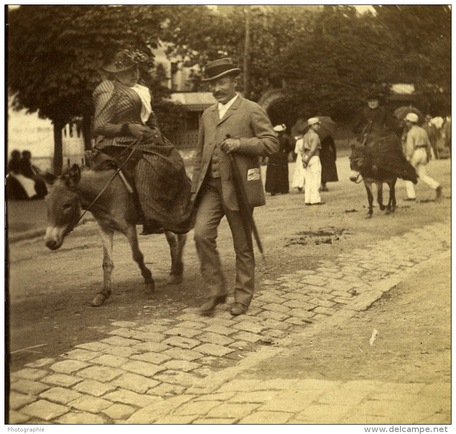 France Exposition De Lyon Promenade A Dos D'Ane Ancienne Stereo Photo 1894 - Stereoscopic