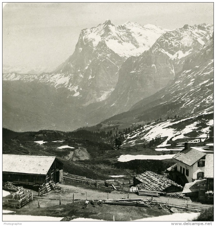Suisse Kleine Scheidegg Avec Le Wetterhorn Ancienne Stereo Photo 1900 - Stereoscopic