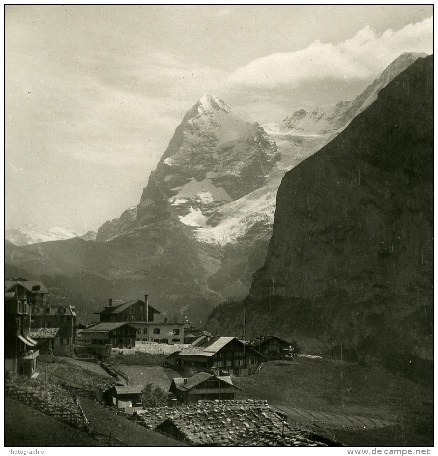 Suisse Mürren Panorama Monch Et Eiger Ancienne Stereo Photo 1900 - Stereoscopic