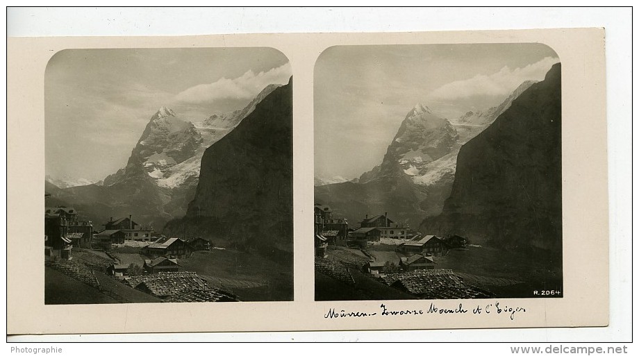 Suisse Mürren Panorama Monch Et Eiger Ancienne Stereo Photo 1900 - Stereoscopic