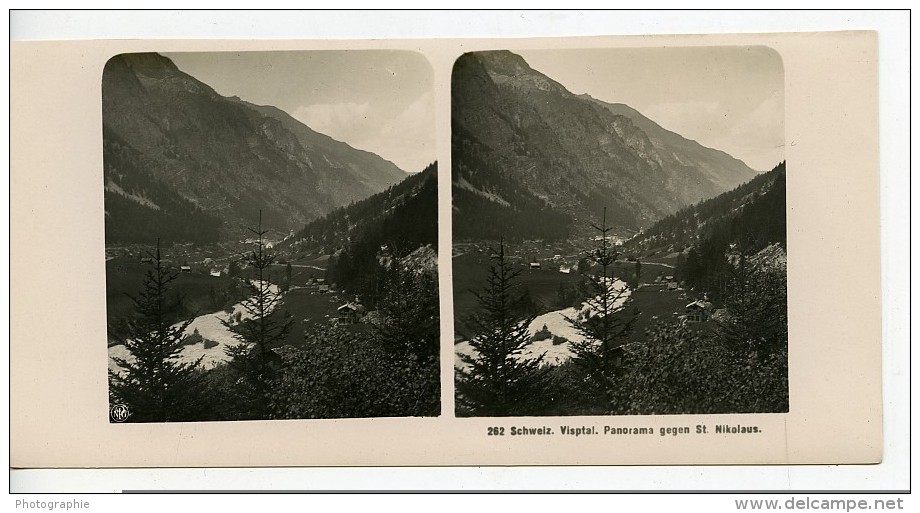 Suisse Vispertal Panorama Vue De St Nikolaus Ancienne Stereo Photo NPG 1900 - Stereoscopic