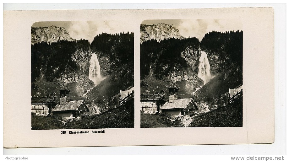 Suisse Klausenstrasse Les Chutes Cascade Staubefall Ancienne Stereo Photo Wehrli 1900 - Photos Stéréoscopiques