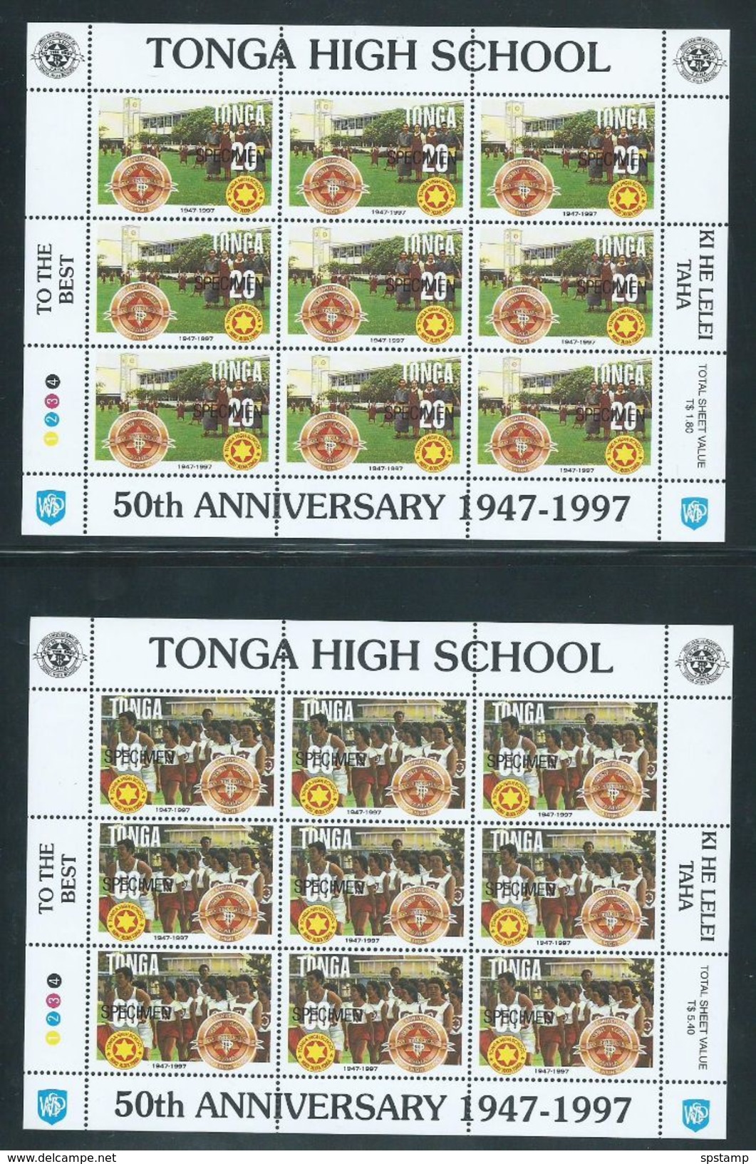 Tonga 1997 High School Anniversary Set Of 4 In Full Sheets Of 9 With Margins, Specimen Overprint MNH - Tonga (1970-...)