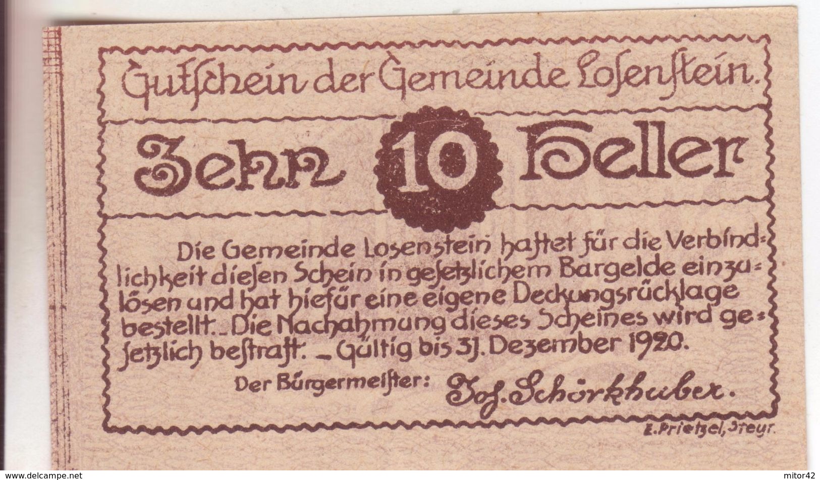 9-Banconote-Carta Moneta Di Emergenza-NOTGELD-Austria-Osterraich-Emergency Money-10 Heller-1920 - Autriche