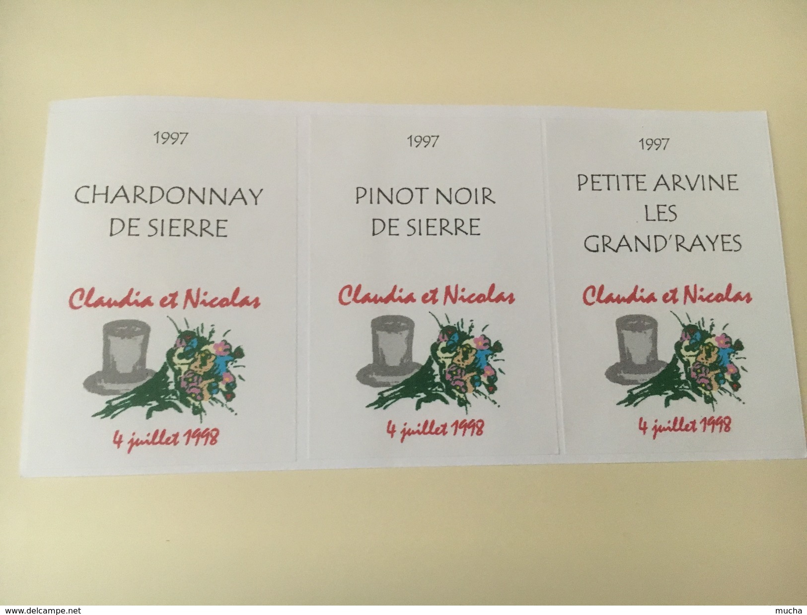 4519 - Mariage Claudia & Nicolas 4 Juillet 1998 Chardonnay Pinot Noir Et Petite Arvine 3 étiquettes Autocollantes Neuves - Autres & Non Classés