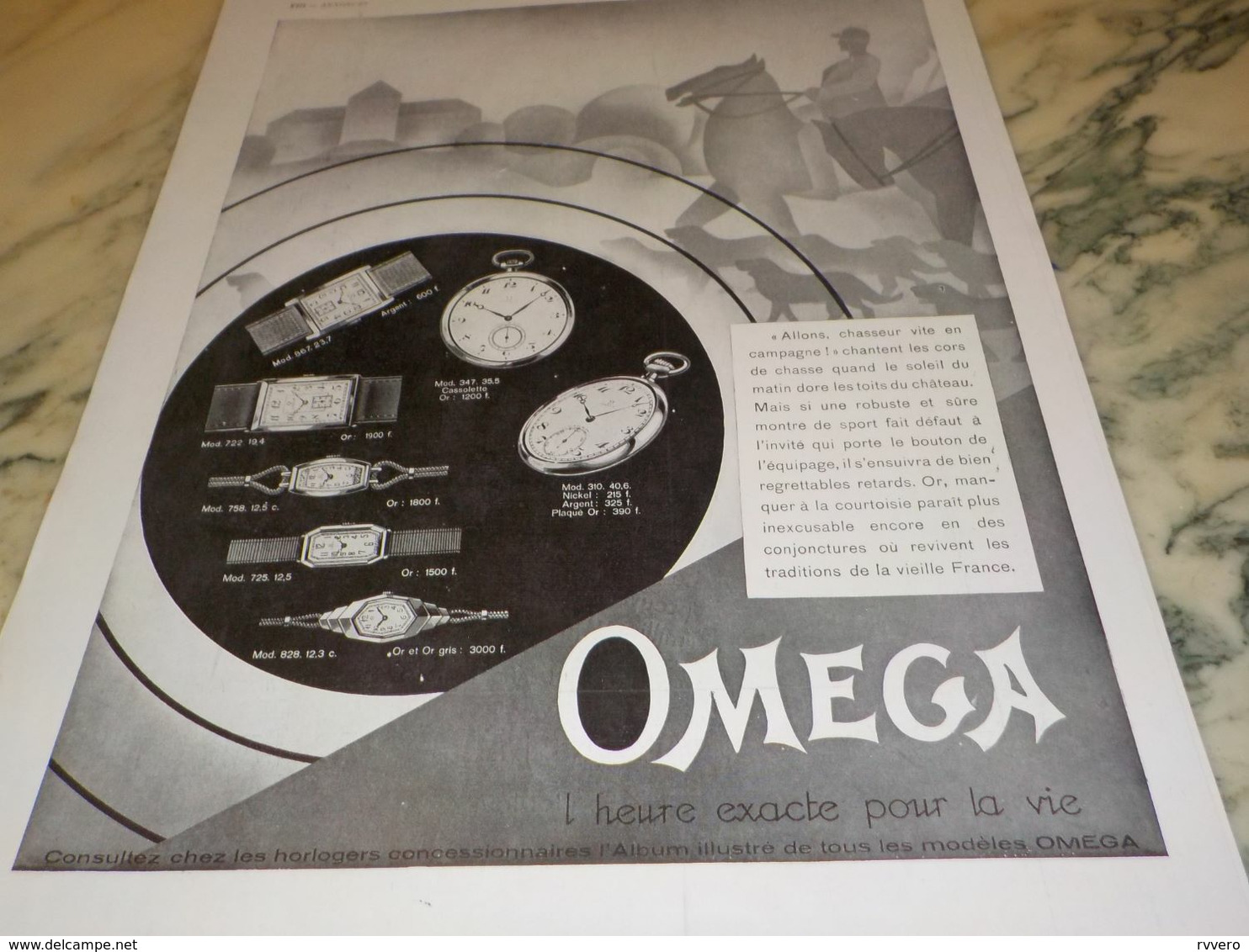 ANCIENNE PUBLICITE MONTRE OMEGA CHASSEUR VITE EN CAMPAGNE  1930 - Autres & Non Classés