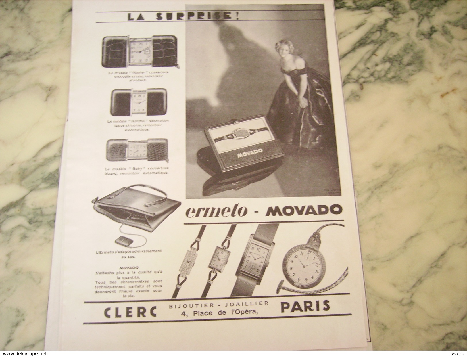 ANCIENNE PUBLICITE MONTRE ERMETO DE MOVADO SURPRISE  1930 - Autres & Non Classés