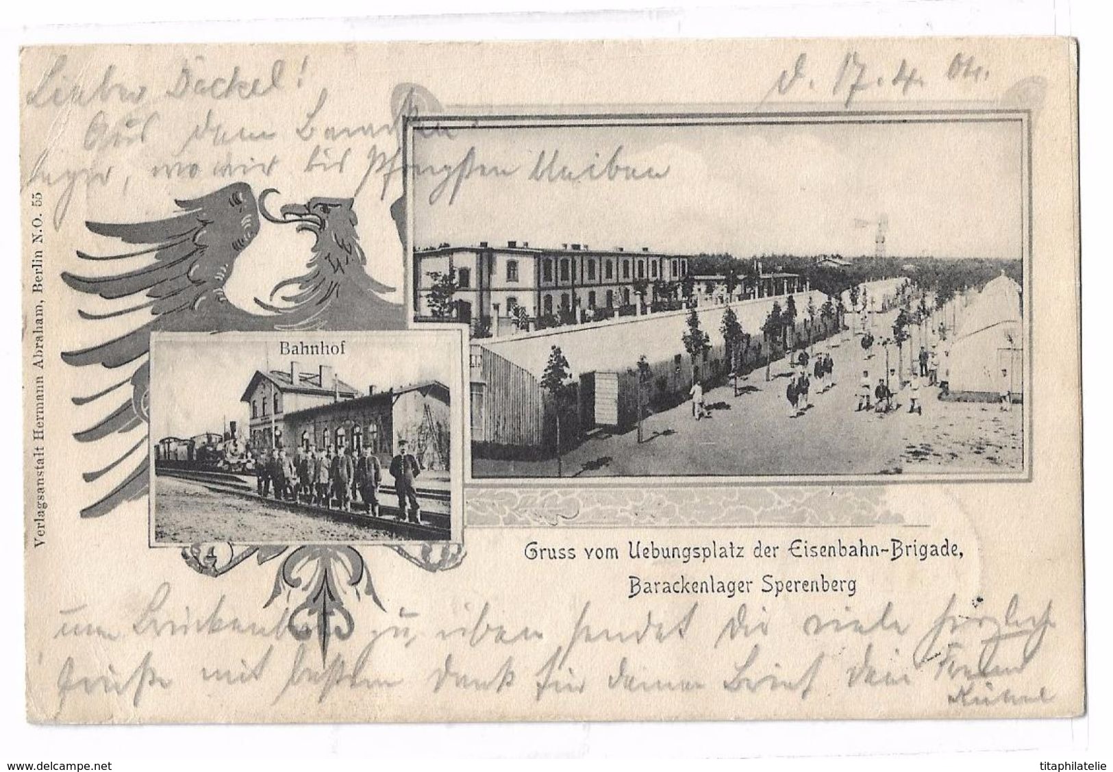 CPA Allemagne Puis France Gruss Vom Uebungsplatz Der Eisenbahn Brigade Barackenlager Sperenberg Bahnhof Circulée 1904 - Haguenau