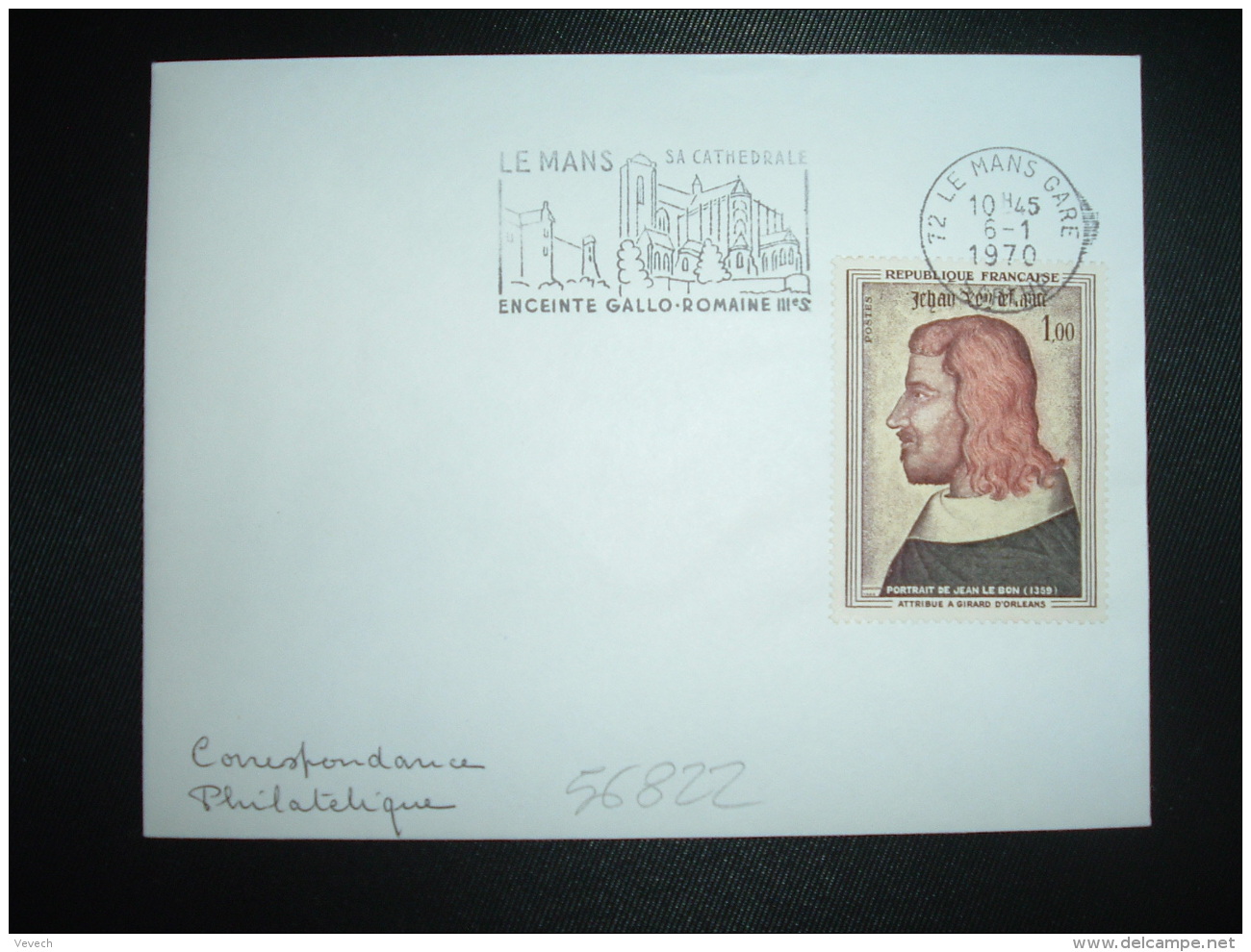 LETTRE TP YT 1413 JEAN LE BON 1,00 OBL.MEC.6-1-1970 LE MANS GARE (72 SARTHE) - 1961-....