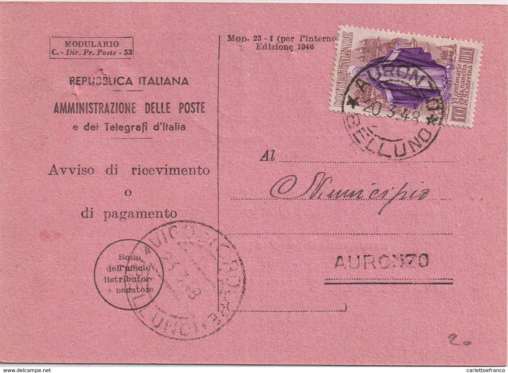 R.R. Con "VI Centenario S. Caterina "  Viaggiata 1948 - 1946-60: Storia Postale