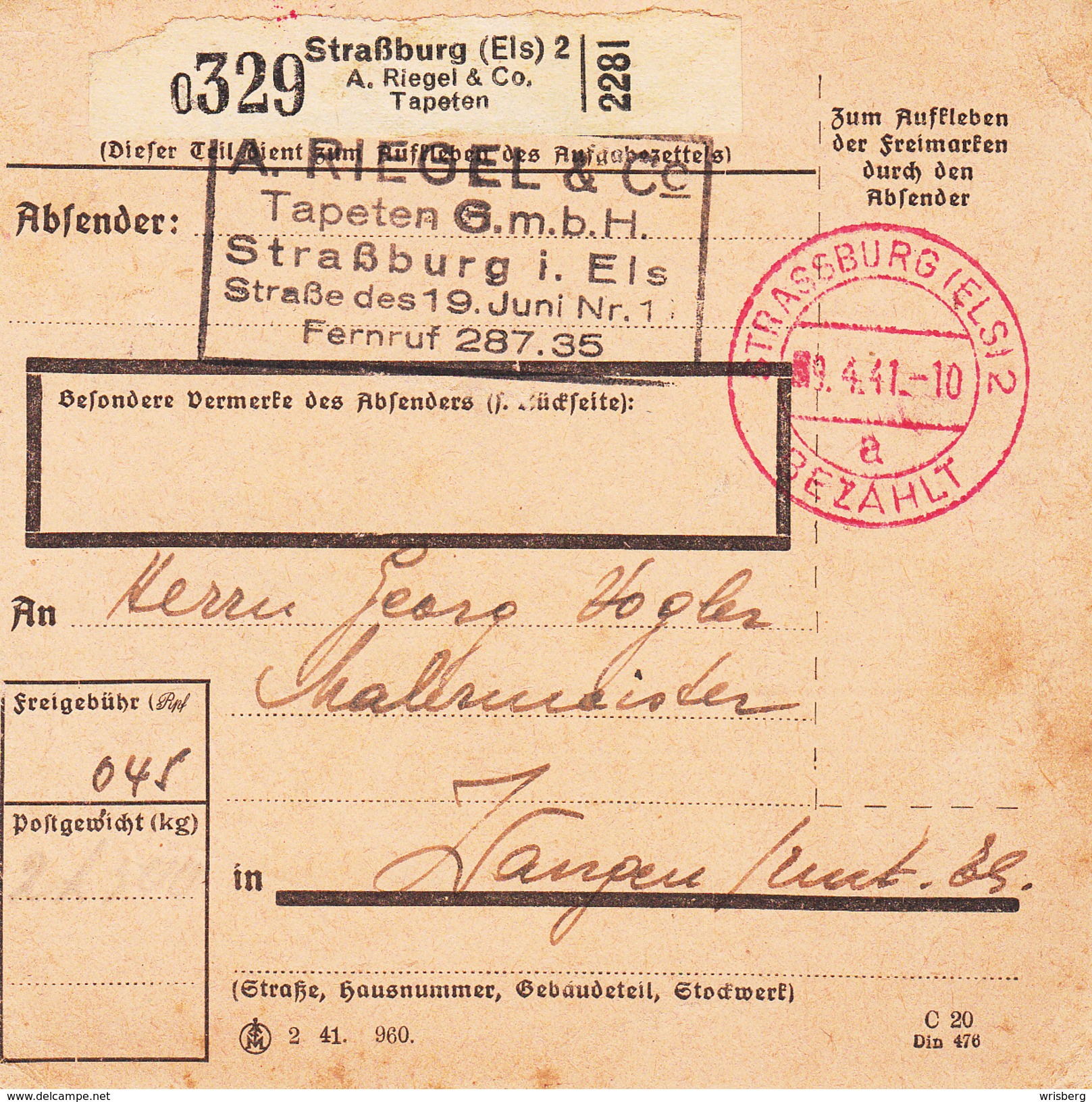 Paketkarte De Straßburg 2 Obl TàD STRASSBURG (ELS) 2 A BEZAHLT Du 9.4.41 Adressée à Wangen - Lettres & Documents