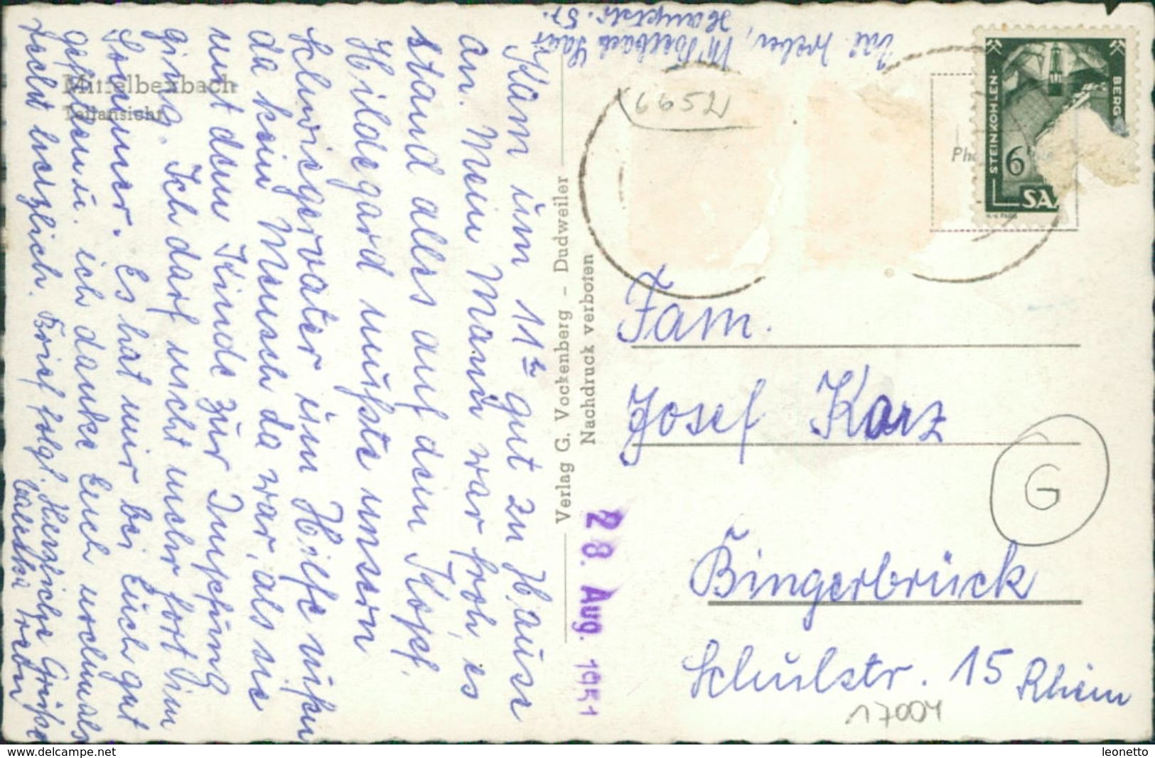AK Bexbach, Mittelbexbach, Teilansicht, O 1951, Briefmarken Entfernt (17004) - Saarpfalz-Kreis