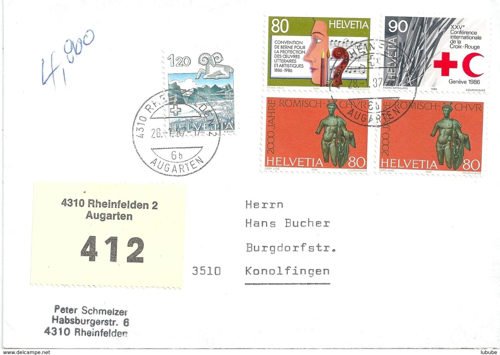 R Paketfrankatur  Rheinfelden Augarten - Konolfingen              1987 - Cartas & Documentos