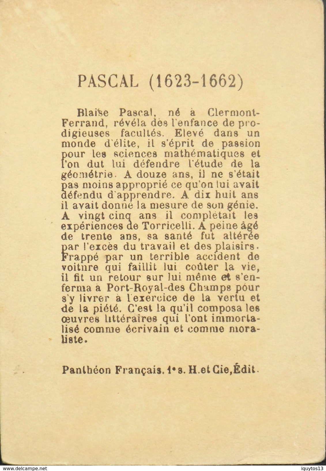 CHROMO & IMAGE - Panthéon Français 1e Série - H. Et Cie, Edit. - PASCAL (1623-1662) - TBE - Autres & Non Classés
