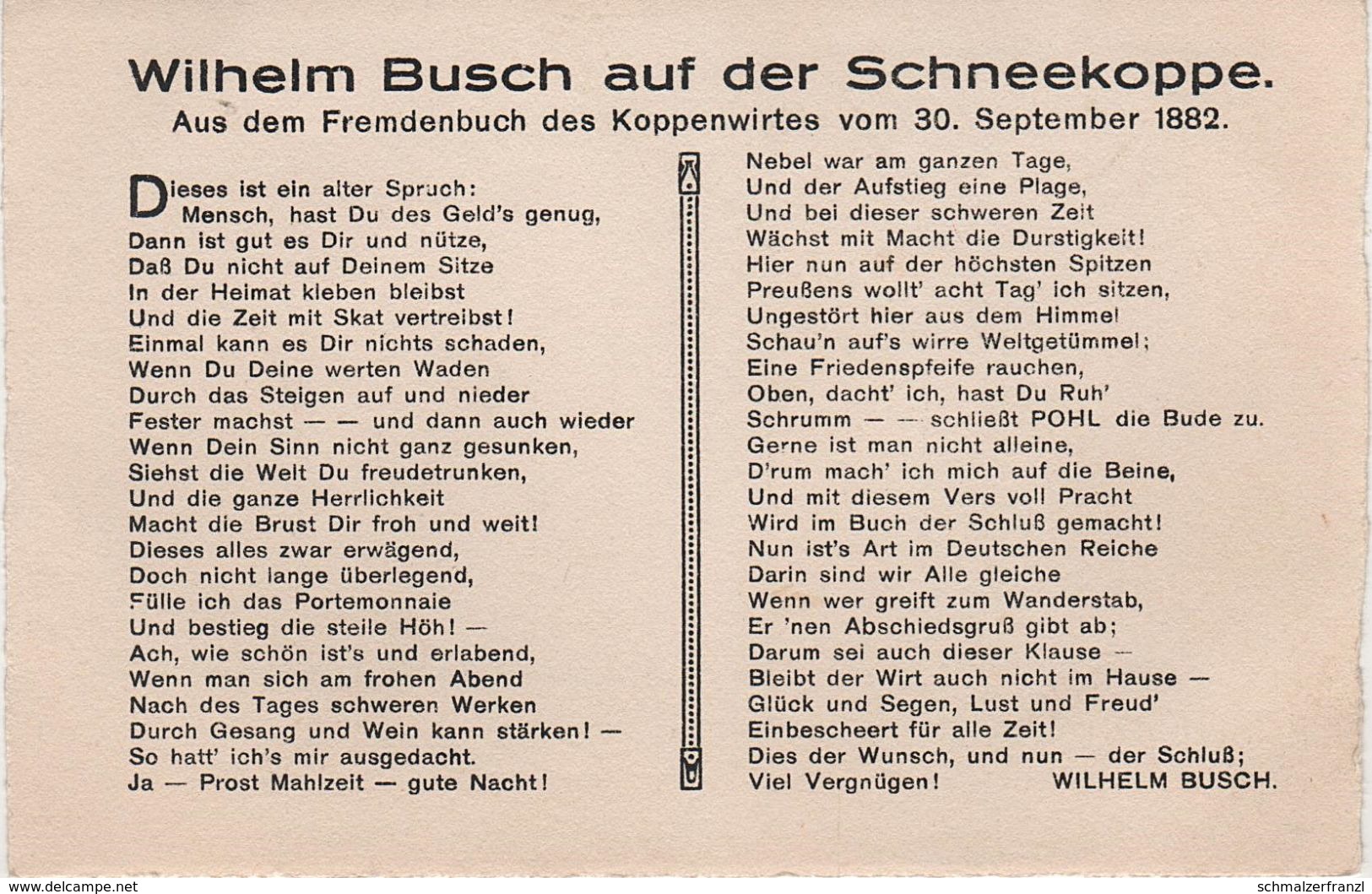 AK Wilhelm Busch Auf Schneekoppe Snezka Sniezka 1882 Spruch Vers Text Gedicht Fremdenbuch Koppenwirt Heinrich Pohl - Sudeten