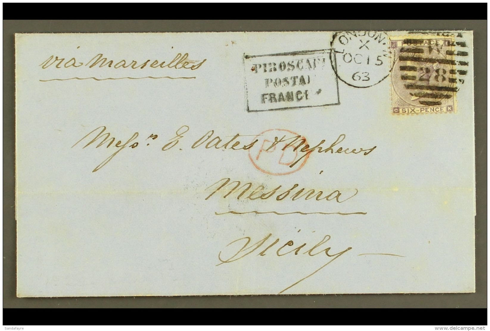 1863  ENTIRE LONDON TO SICILY, FINE "PIROSCAFI POSTALI FRANCESI" BOXED CACHET  (Oct) Neat Entire "via Marseilles"... - Sonstige & Ohne Zuordnung