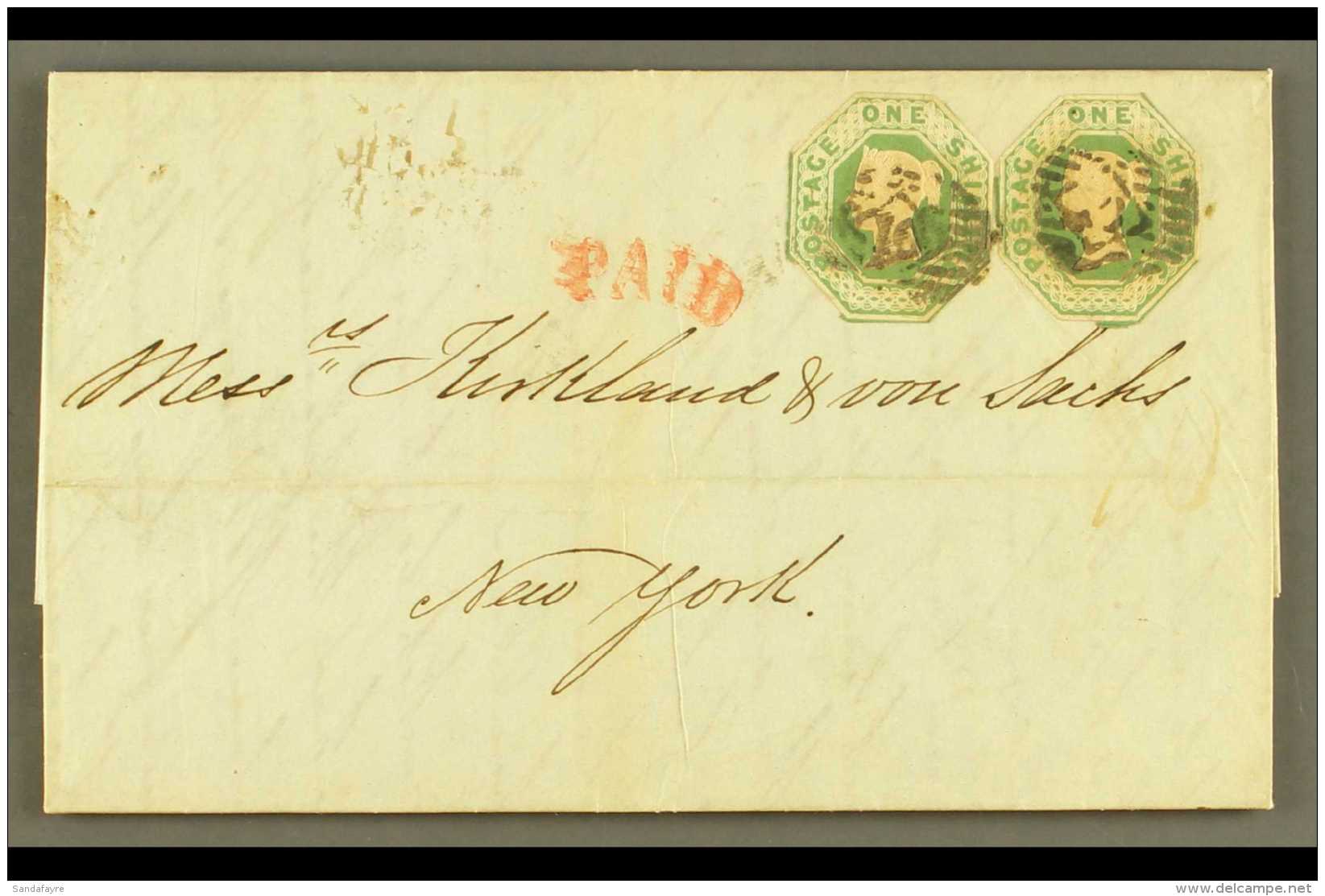 1854  (16 June) Entire Letter To New York, Bearing 1847-54 1s Green Embossed Stamps (x2, Both Cut To Shape), SG... - Sonstige & Ohne Zuordnung