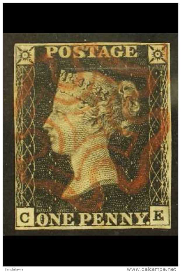 1840  1d Black 'CE' Plate 6, SG 2, Used With 4 Small Margins &amp; Near- Complete Red MC Cancel. Light Scratch... - Non Classés