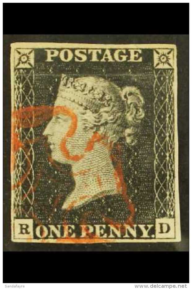 1840  1d Black 'RD' Plate 1b, SG 2, Used With 4 Margins &amp; Pretty Red MC Cancel Over One Corner. For More... - Ohne Zuordnung