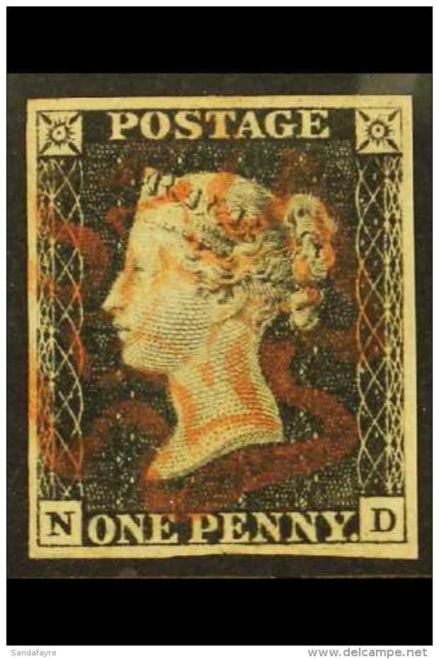 1840  1d Black 'ND' Plate 7, SG 2, Very Fine Used With 4 Margins &amp; Near- Complete Lightly Struck Red MC... - Ohne Zuordnung