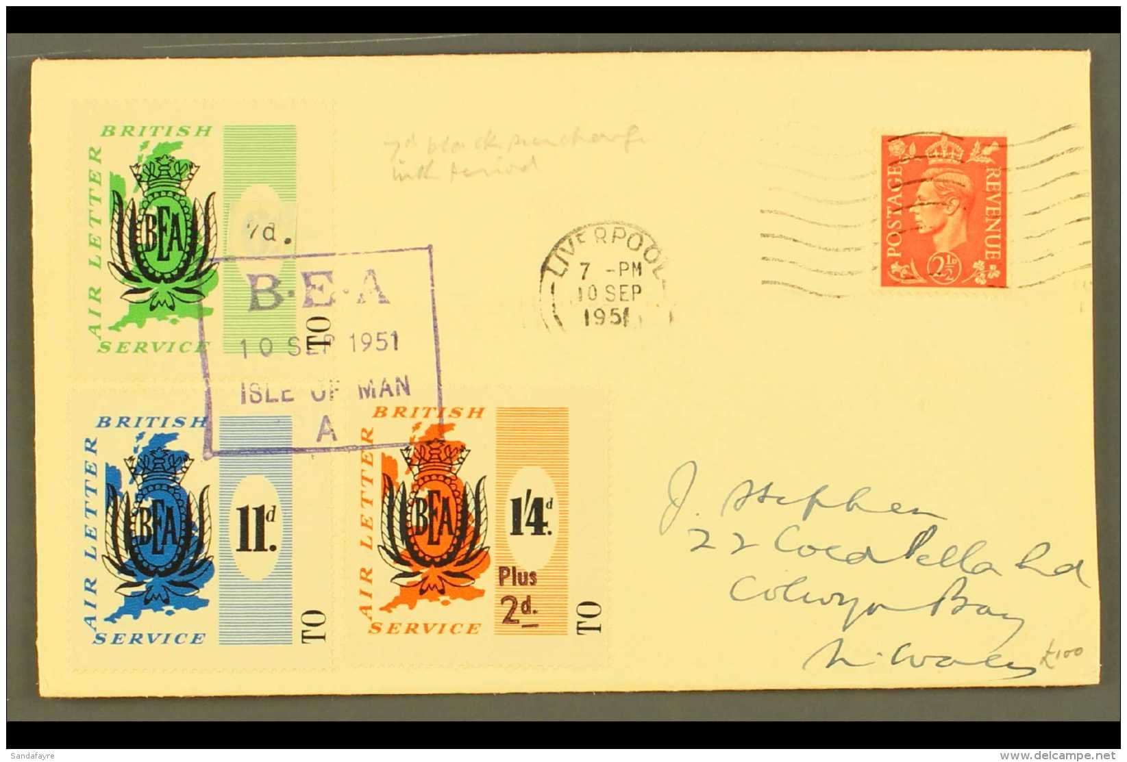 1951 B.E.A. AIR LETTER LOCAL SURCHARGES  1951 (10 Sept) Cover From Isle Of Man To Colwyn Bay Bearing B.E.A. 6d,... - Sonstige & Ohne Zuordnung