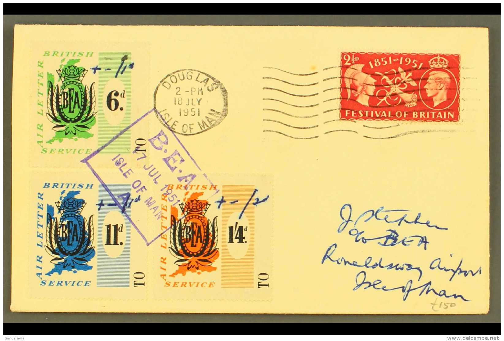 1951 B.E.A. AIR LETTER LOCAL SURCHARGES  1951 (17 July) Cover Bearing B.E.A. 6d, 11d And 1s4d Labels With... - Altri & Non Classificati